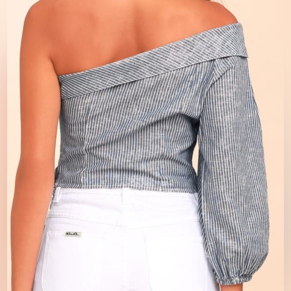 Free People Get Down Blue Striped One Shoulder Crop Top - Picture 2 of 8